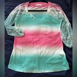 Simply Styled Women's Lace Tie Dye Sleeve Ombre Top - Pink and Green